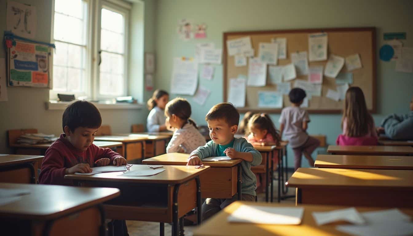 A lively classroom scene features students engaged in activities amidst a mix of scattered books and colorful bulletin board displays. A lively classroom scene features students engaged in activities amidst a mix of scattered books and colorful bulletin board displays.