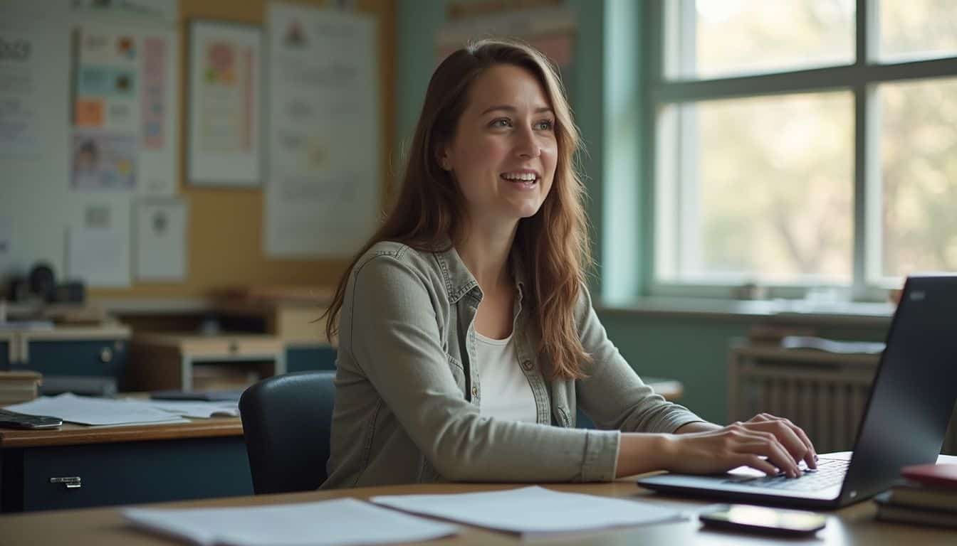 A woman casually engages in an online training session about teaching children with autism at a cluttered classroom desk. A woman casually engages in an online training session about teaching children with autism at a cluttered classroom desk.