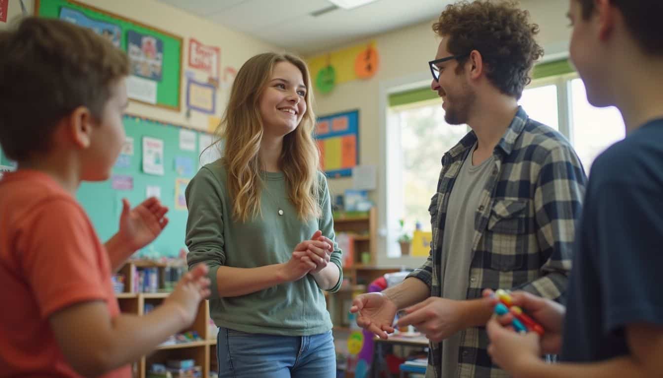 A young woman assists in a special education classroom, engaging with students amid a vibrant, lively learning environment. A young woman assists in a special education classroom, engaging with students amid a vibrant, lively learning environment.