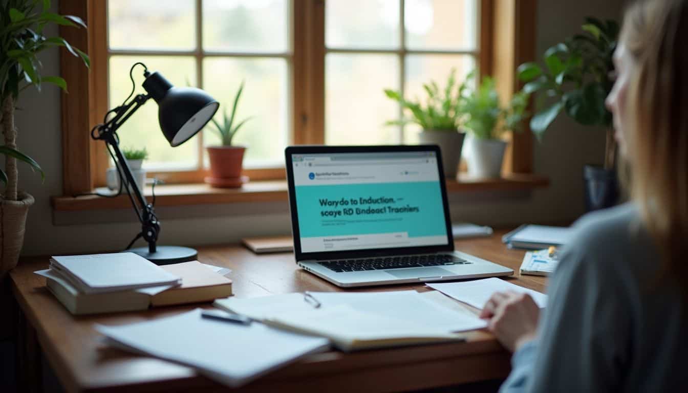 A casual home office desk is filled with textbooks, notes, and an open laptop for special education teacher training. A casual home office desk is filled with textbooks, notes, and an open laptop for special education teacher training.