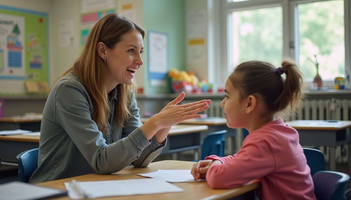 A woman in her thirties uses sign language to communicate with a nonverbal student in a vibrant classroom. A woman in her thirties uses sign language to communicate with a nonverbal student in a vibrant classroom.
