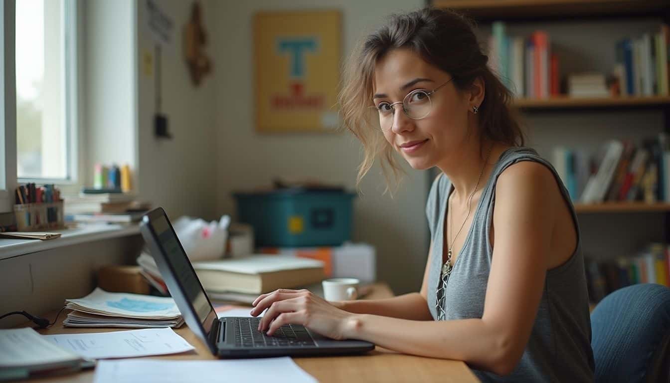 A woman in her mid-30s works at a cluttered desk in a resource center, appearing relaxed and focused. A woman in her mid-30s works at a cluttered desk in a resource center, appearing relaxed and focused.