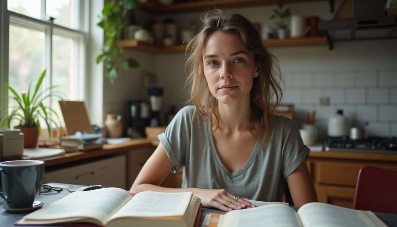 A young woman in casual attire studies at a cluttered kitchen table filled with textbooks and papers. A young woman in casual attire studies at a cluttered kitchen table filled with textbooks and papers.