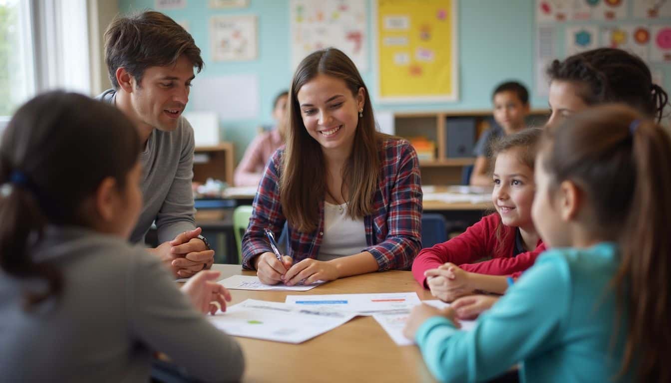 A student teacher engages with elementary students in a special education classroom while an experienced teacher observes nearby. A student teacher engages with elementary students in a special education classroom while an experienced teacher observes nearby.