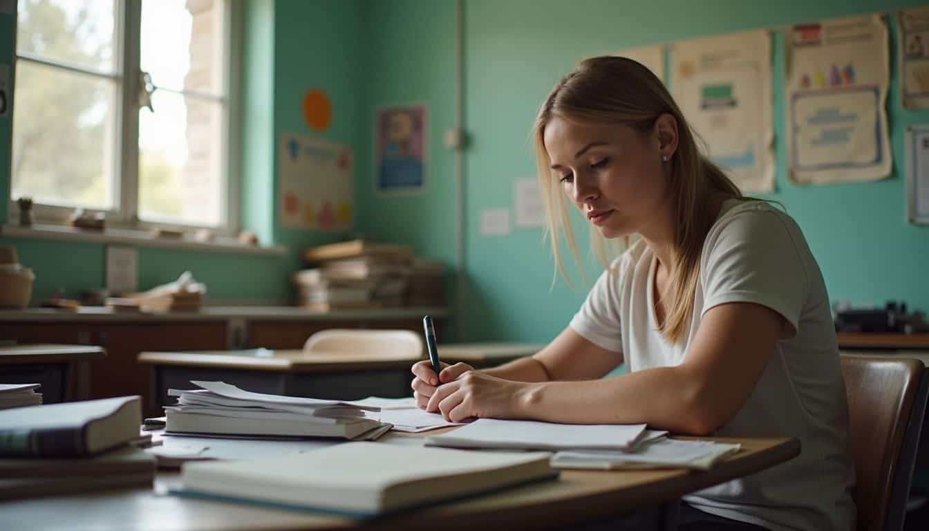 A woman in her mid-30s sits at a cluttered desk, quietly working on papers in a busy classroom. A woman in her mid-30s sits at a cluttered desk, quietly working on papers in a busy classroom.