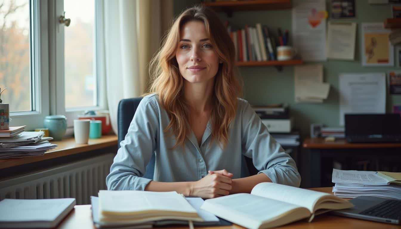 A woman in her 30s studies at a cluttered desk, surrounded by textbooks and everyday items. A woman in her 30s studies at a cluttered desk, surrounded by textbooks and everyday items.