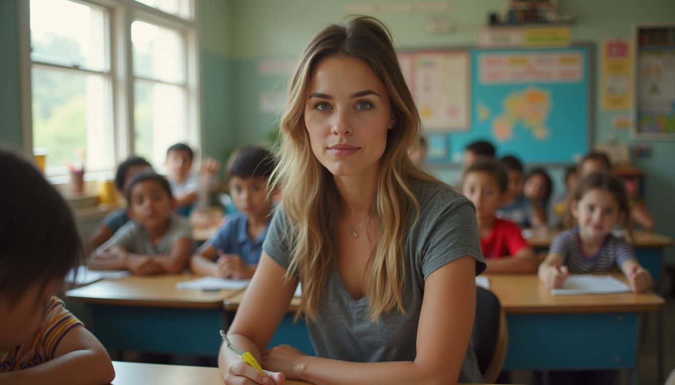 A casually dressed woman engages with children in a cluttered, everyday classroom setting. A casually dressed woman engages with children in a cluttered, everyday classroom setting.