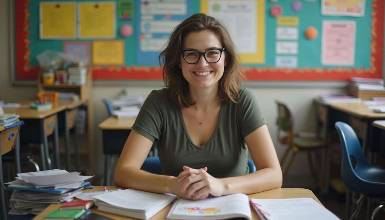 A special education teacher sits at a cluttered desk surrounded by assistive devices and colorful classroom decorations. A special education teacher sits at a cluttered desk surrounded by assistive devices and colorful classroom decorations.
