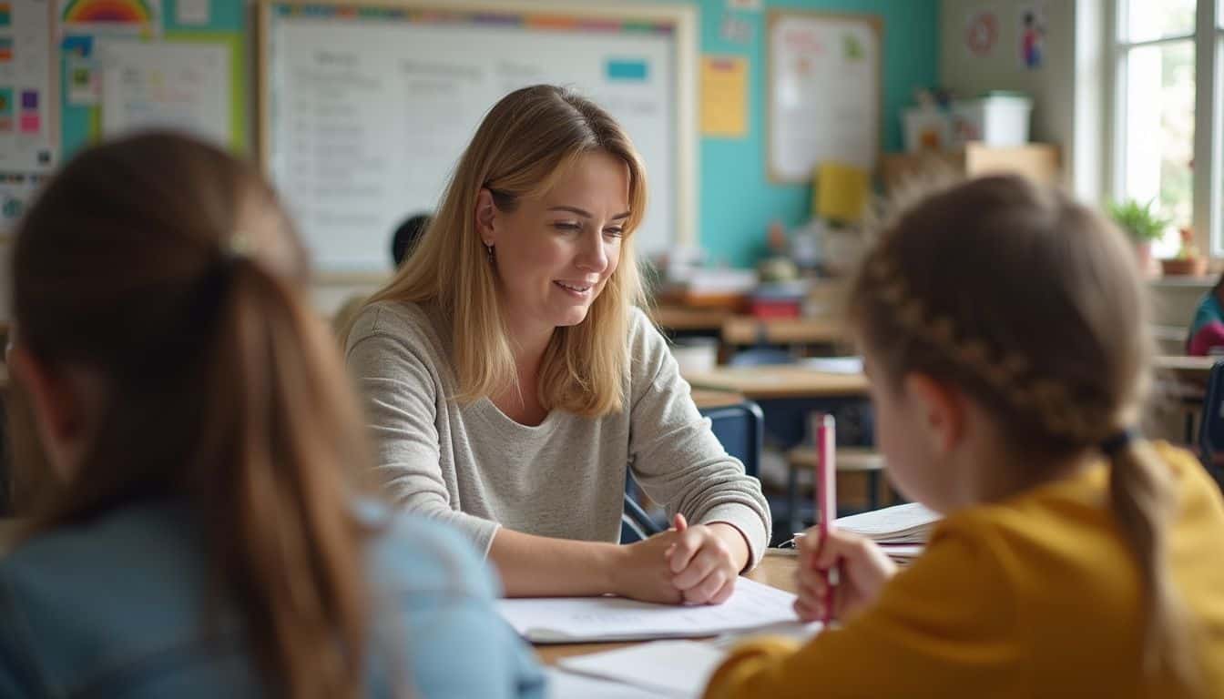 A dedicated special education teacher engages with her students in a lively, everyday classroom setting. A dedicated special education teacher engages with her students in a lively, everyday classroom setting.
