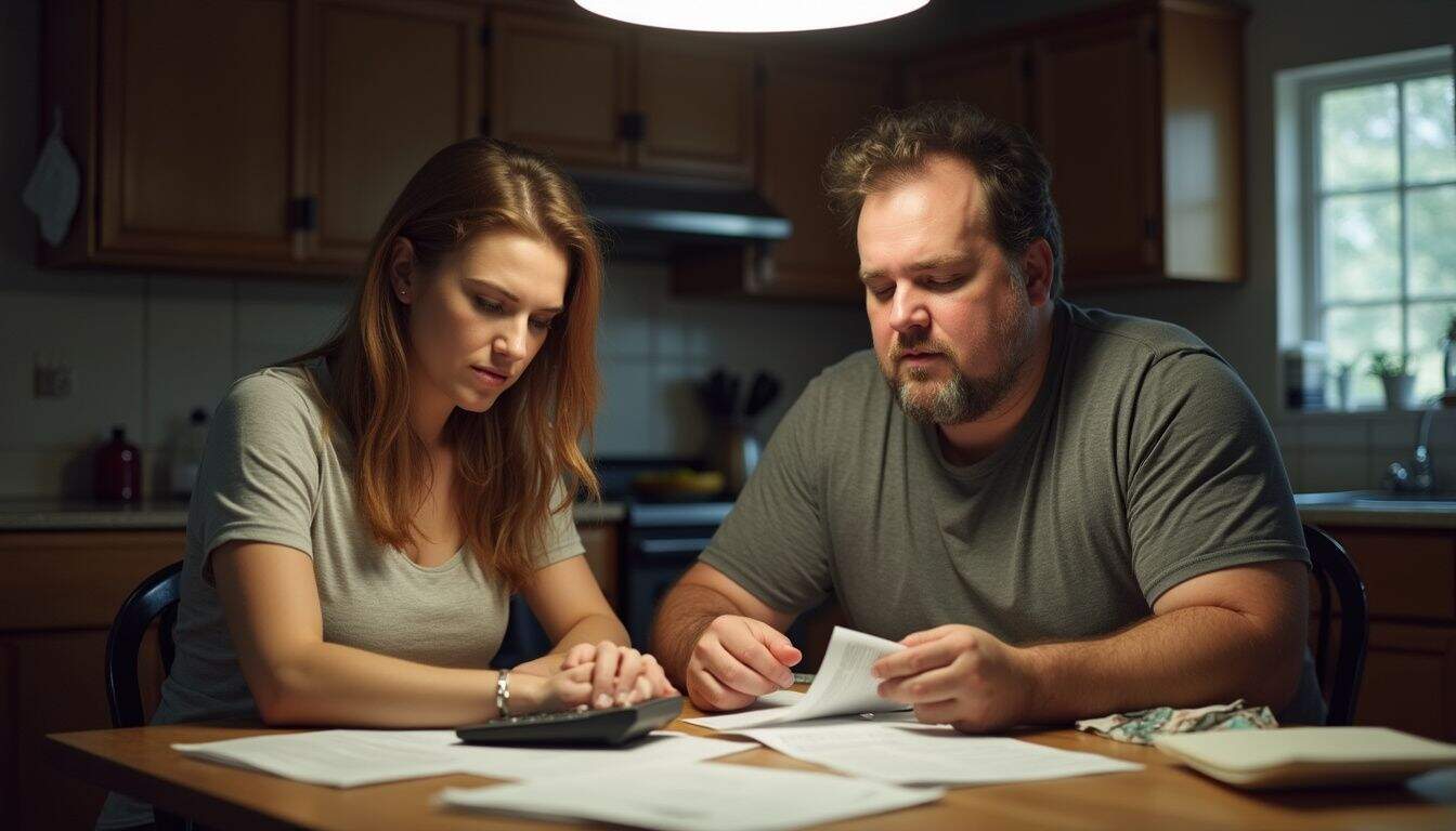 Couple using a loan calculator and budget notes for a steel home build.