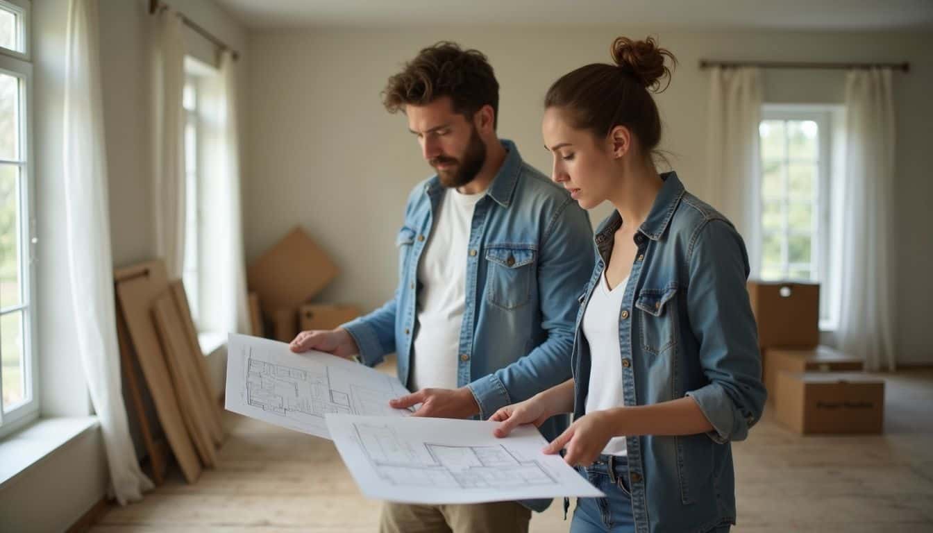 Couple reviewing a floor plan and marking room sizes inside a framed living room.