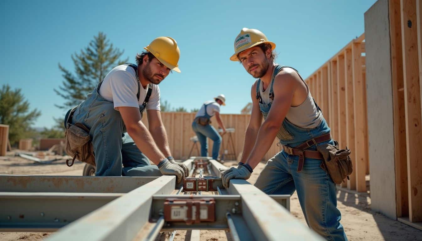 Crew assembling steel beams, columns, and roof purlins for a home frame.