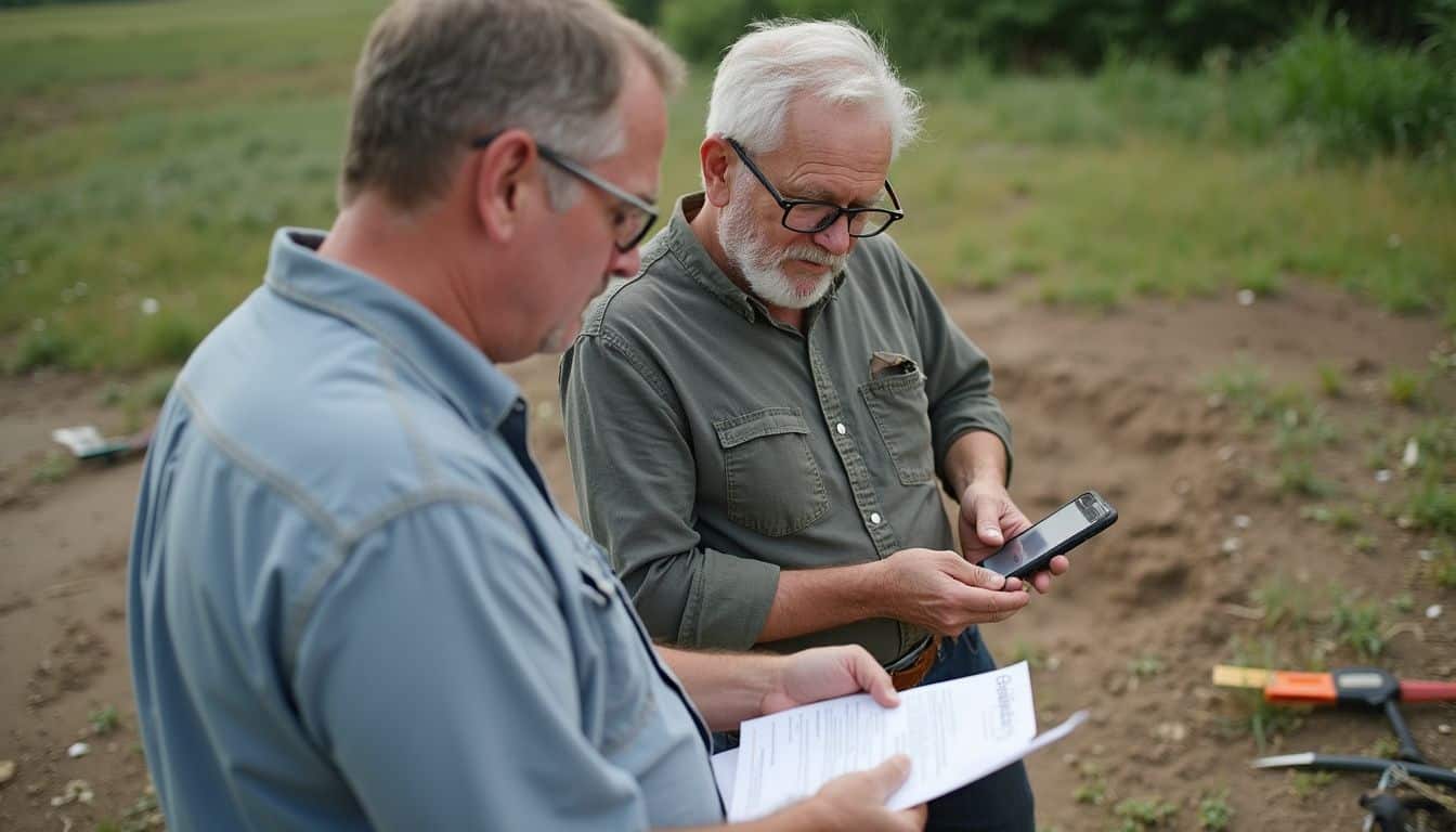 Buyer and title agent reviewing land records during a site visit near a foundation trench.