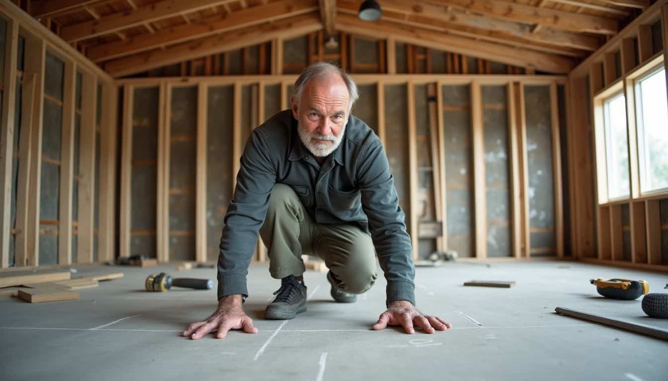 Worker marking wall lines on a concrete slab, ready to frame interior partitions.