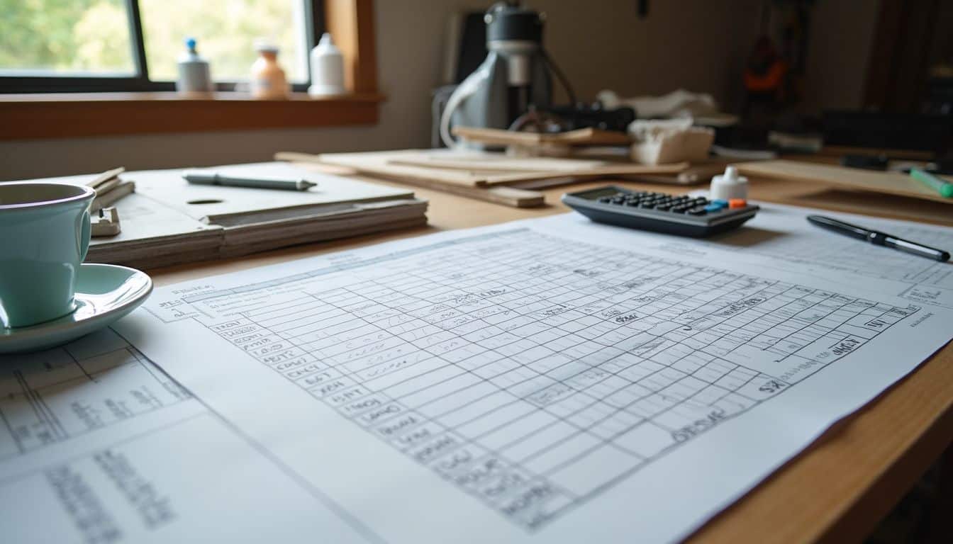 Home office desk with a build budget spreadsheet and material samples for a steel home.