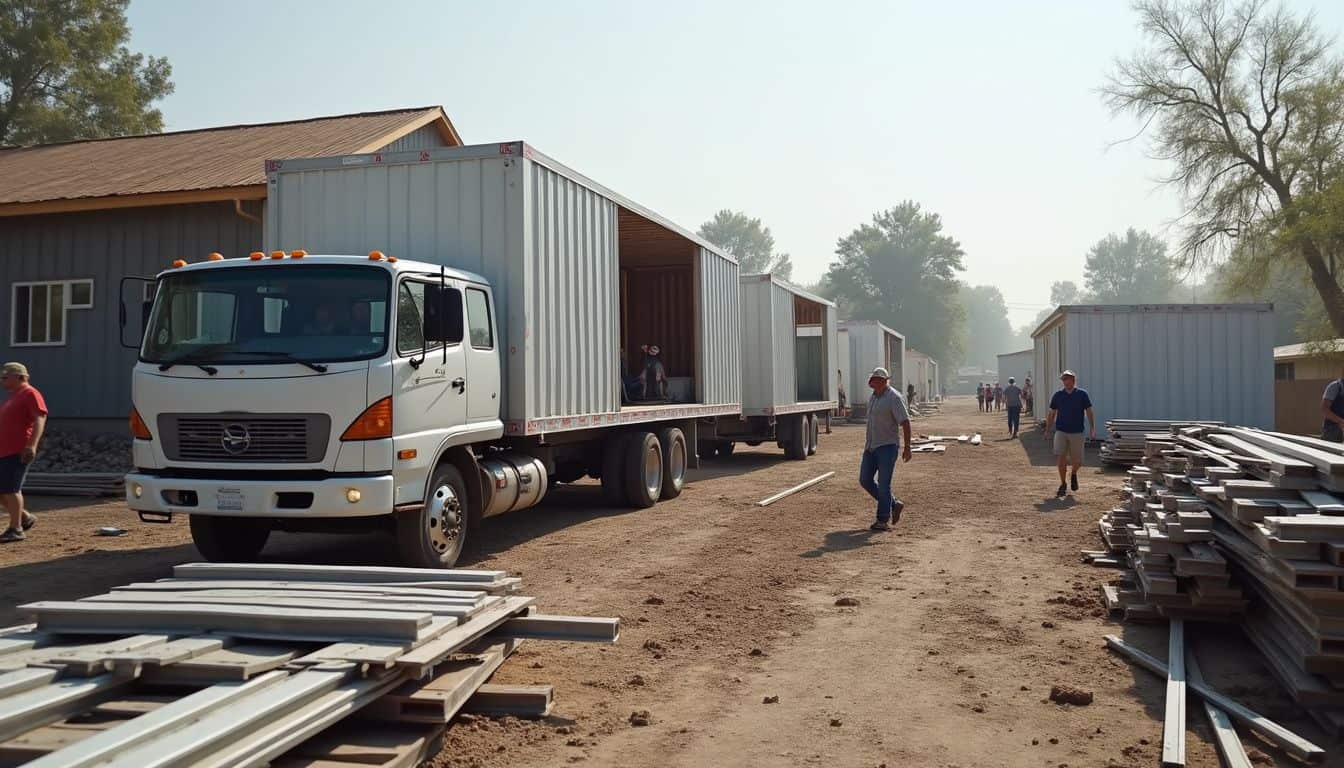 Delivery truck unloading steel beams and wall panels at a residential jobsite.