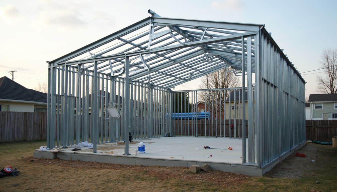 Metal-framed home under construction in a neighborhood with tools and materials on site.