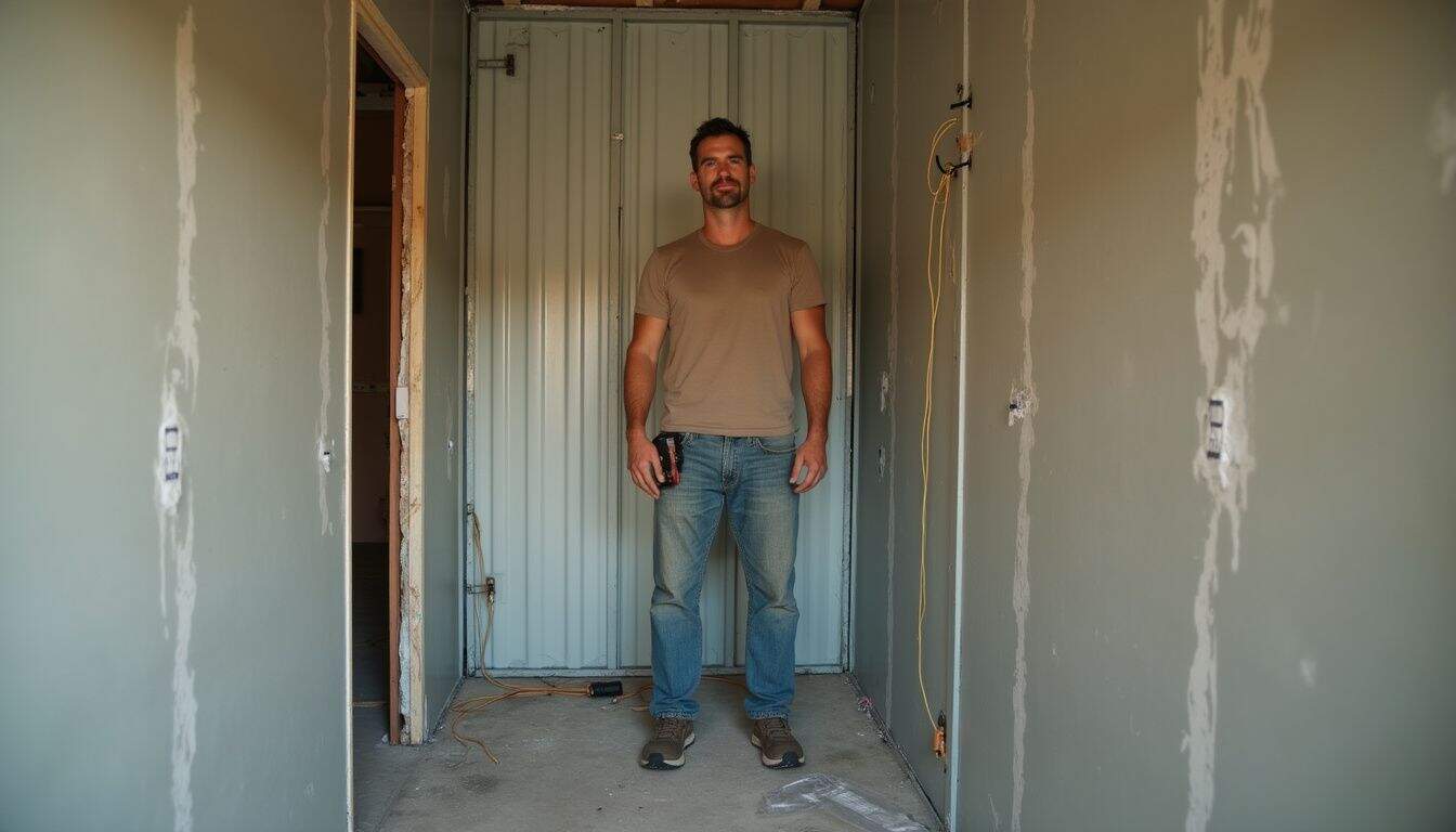Installer hanging drywall and organizing tools inside a framed metal home.