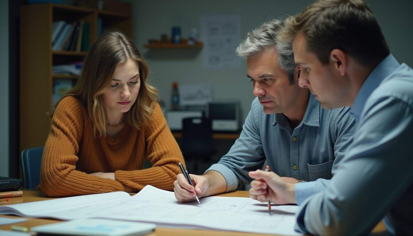 Homeowners meeting a structural engineer to review a steel home plan at a busy desk.