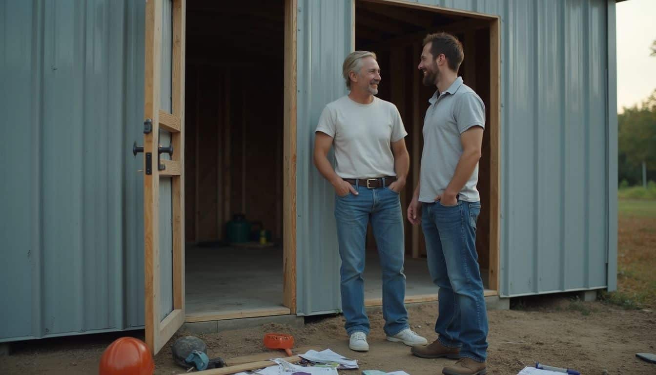 Homeowners weighing DIY vs contractor costs next to a partially framed steel home.