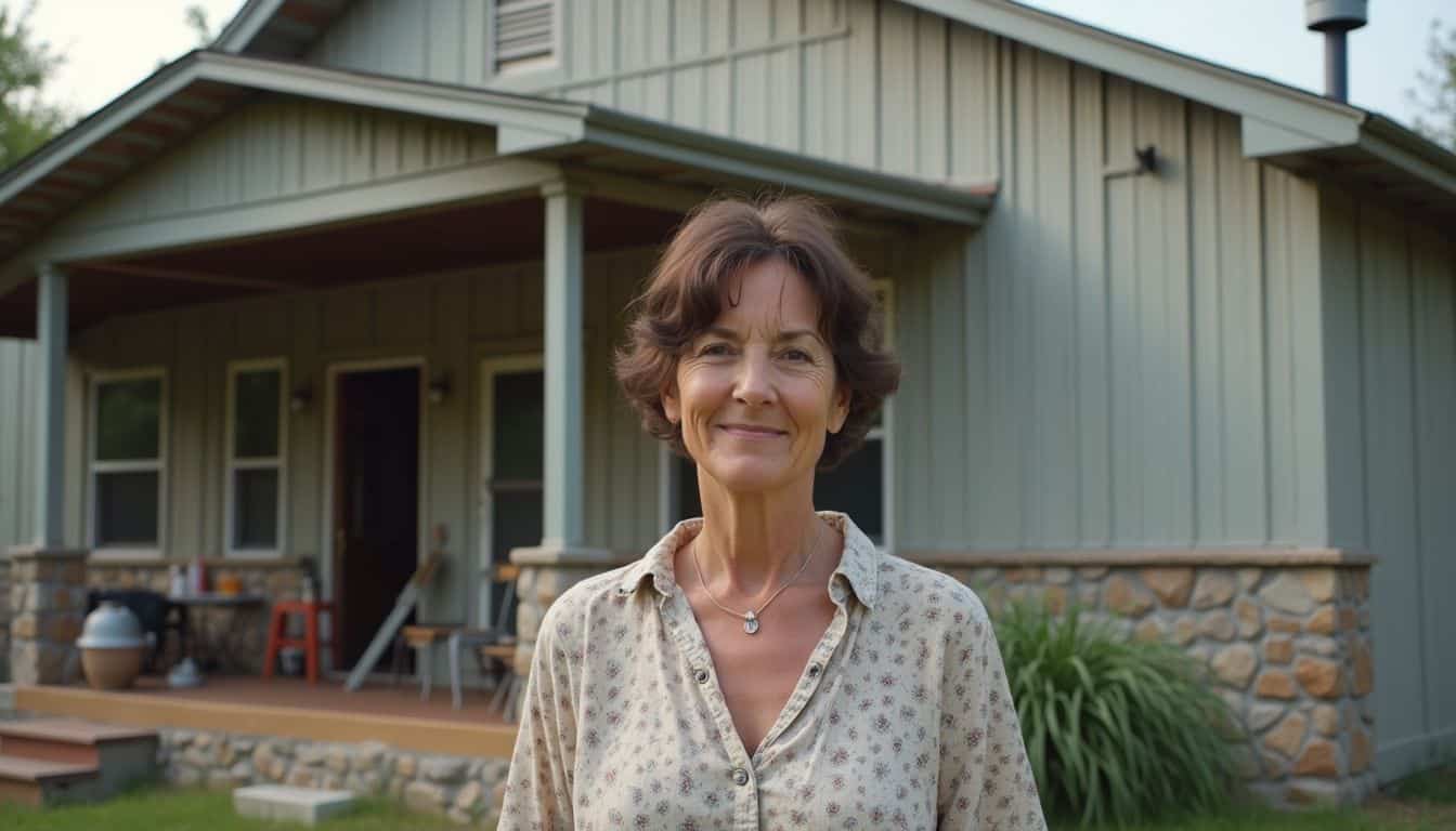 Homeowner standing outside a mixed-material steel home with siding, stone accents, and large windows.