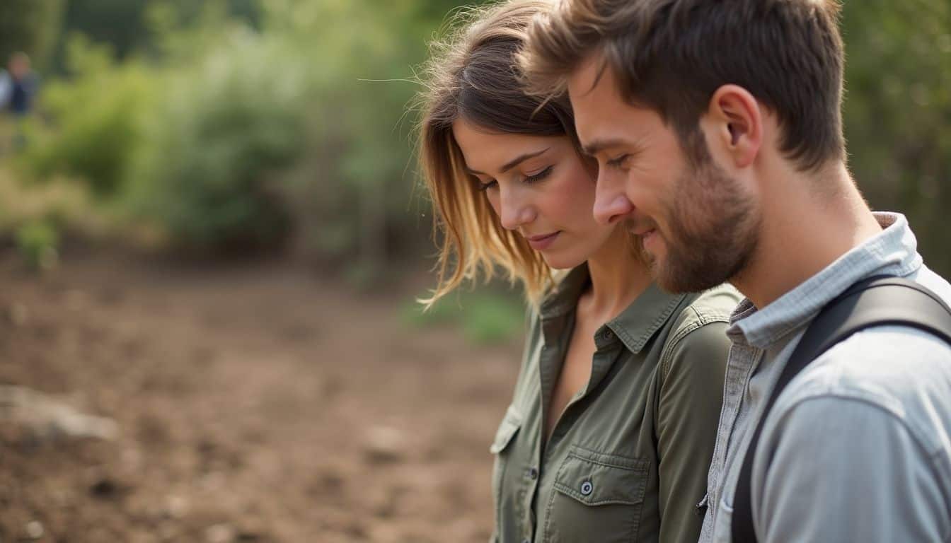 Couple standing on cleared soil discussing site conditions for a future metal home.