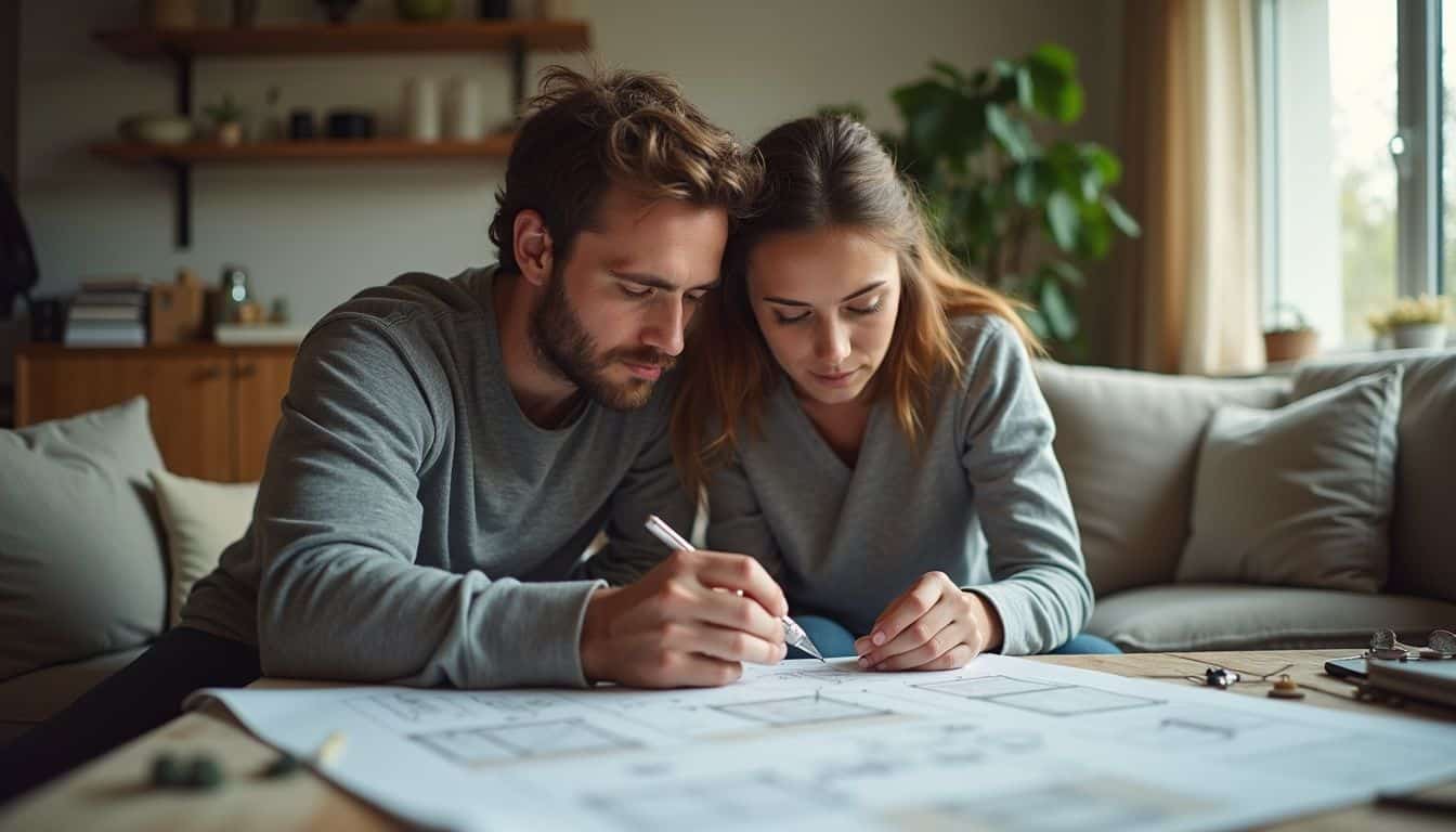 Homeowners sketching an open-concept layout with kitchen, dining, and living in one space.