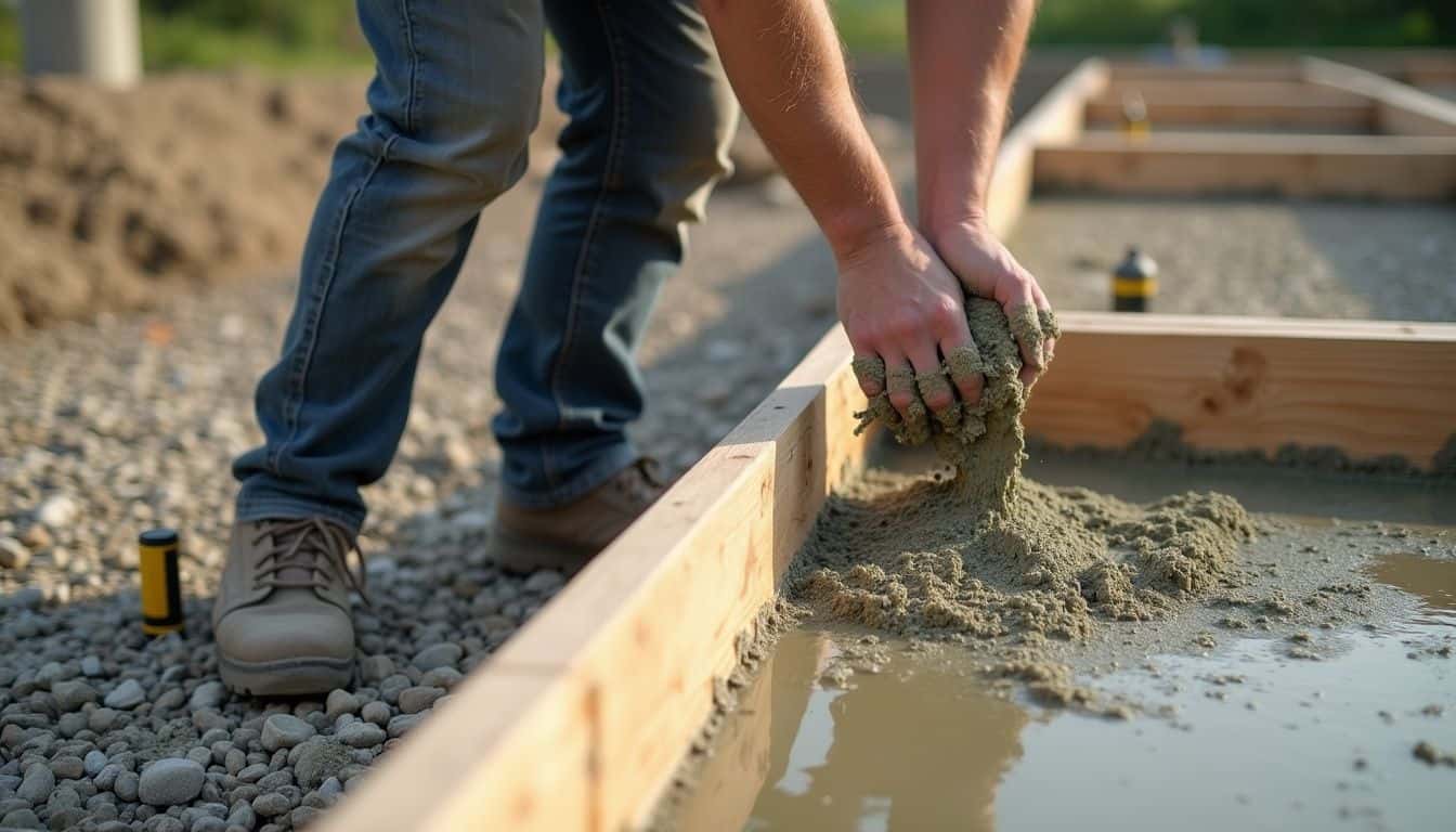 Worker placing anchor bolts while finishing a concrete slab for a steel home.