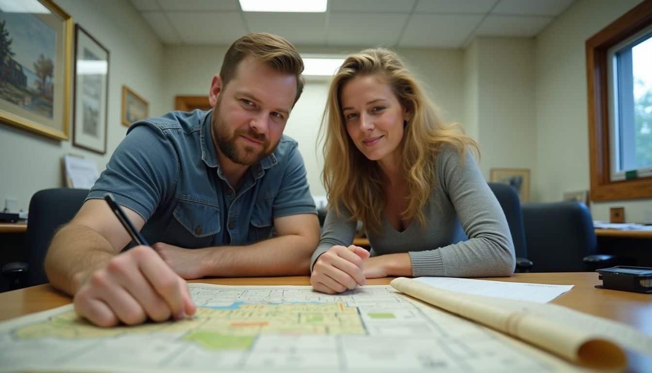 Owners reviewing permits and blueprints for a steel-frame project at a kitchen table.