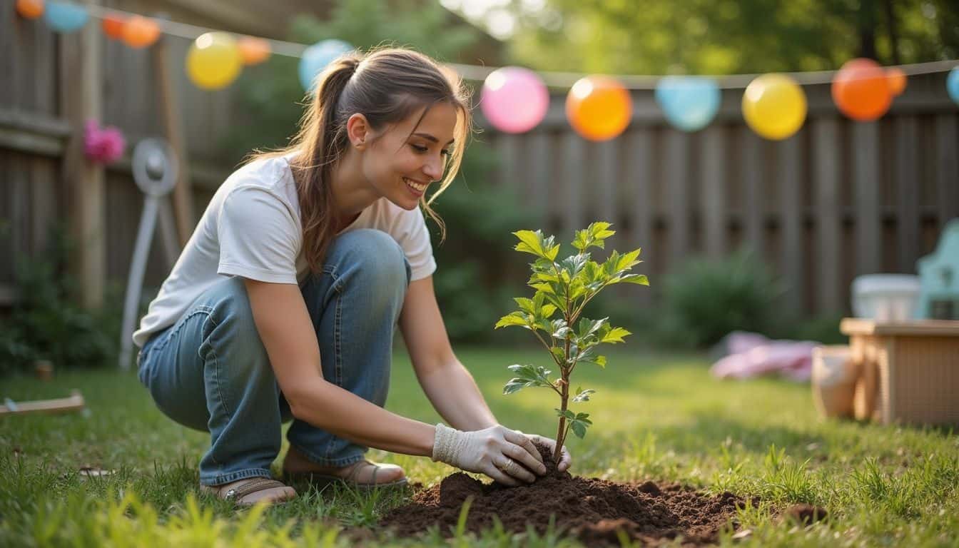 Woman planting a small sapling in her backyard near simple party decorations. Woman planting a small sapling in her backyard near simple party decorations.