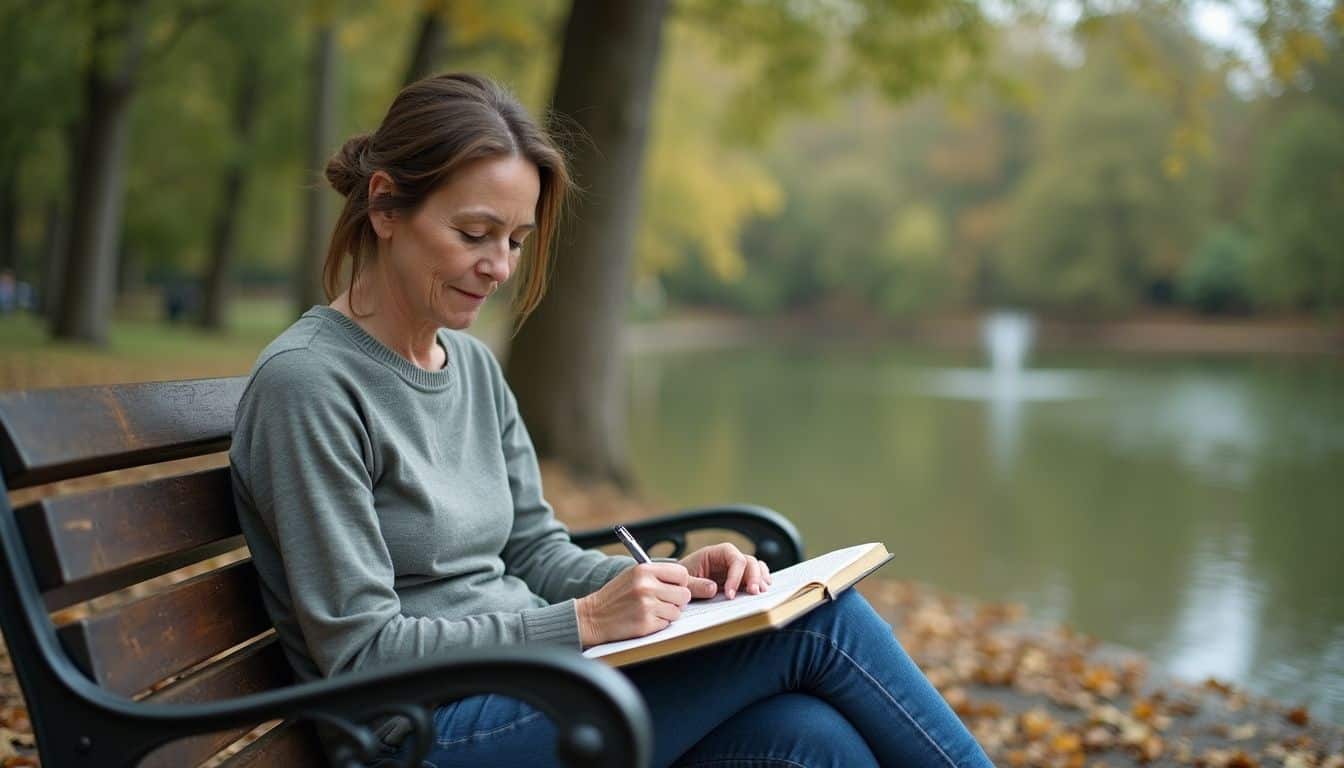 Woman writing in a notebook by a quiet lake, taking time to reflect. Woman writing in a notebook by a quiet lake, taking time to reflect.