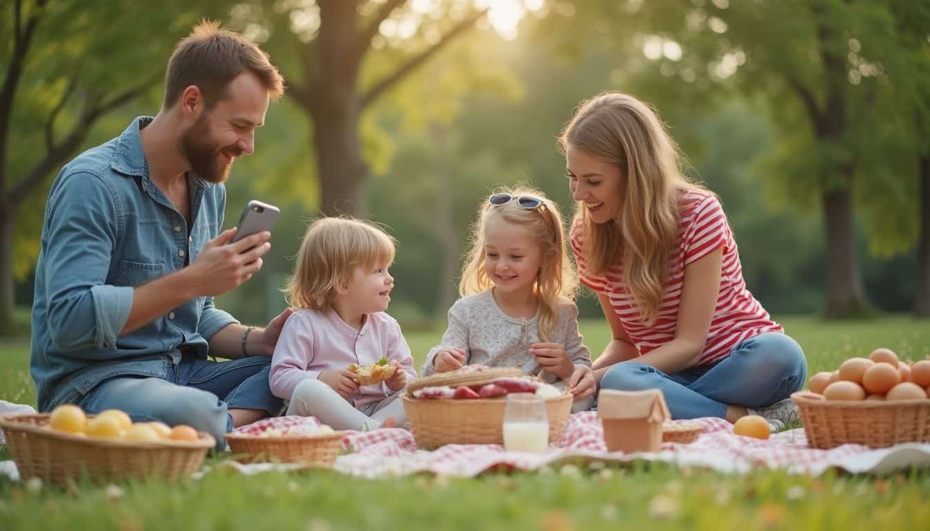 Family enjoying a casual picnic with homemade food and outdoor games in a local park. Family enjoying a casual picnic with homemade food and outdoor games in a local park.