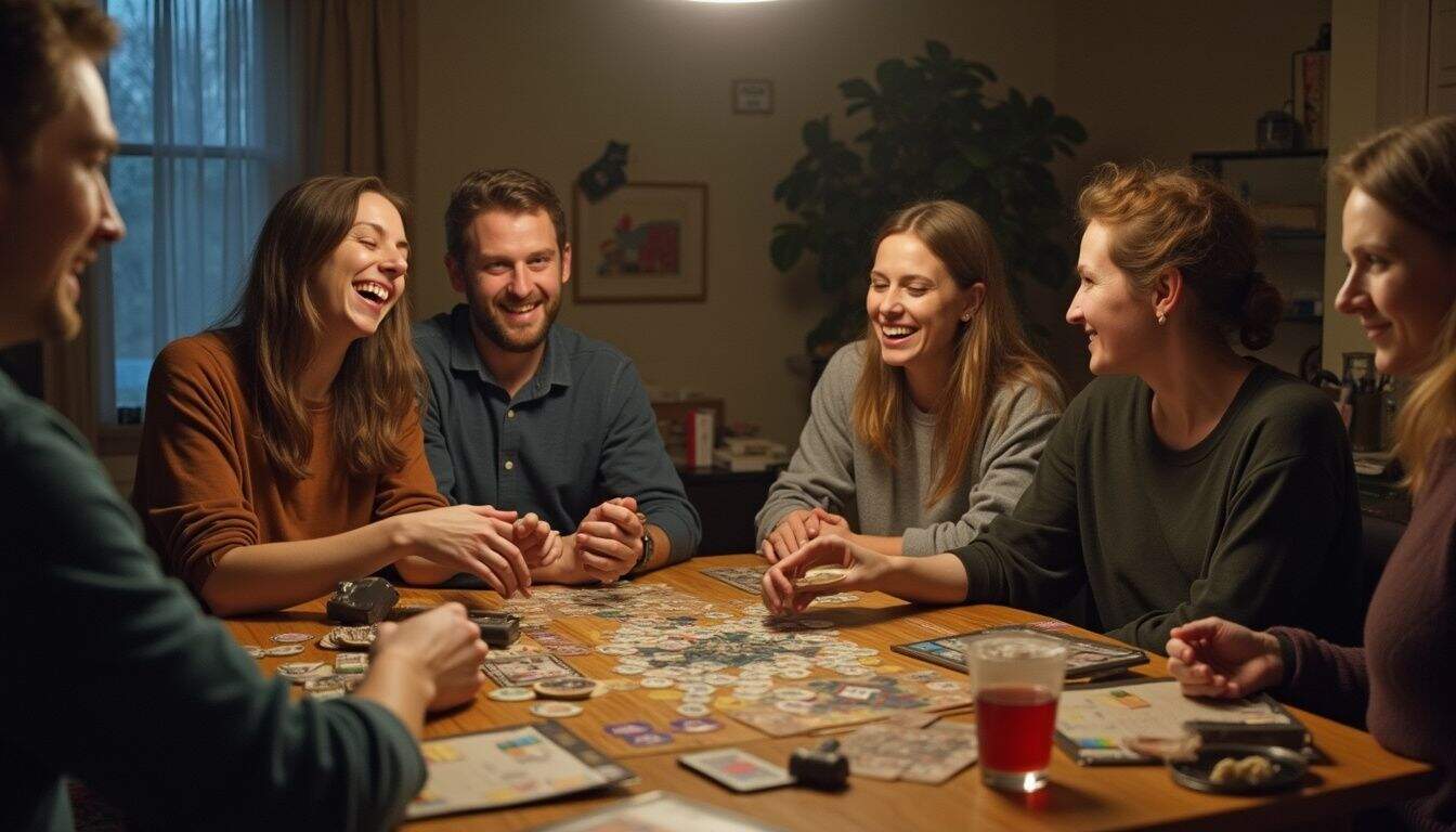Friends in their thirties laughing over board games, snacks, and drinks during game night. Friends in their thirties laughing over board games, snacks, and drinks during game night.