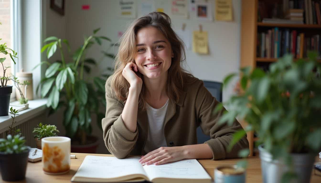 Woman sitting at a desk with notes, tea, and plants, capturing a calm afternoon of reflection. Woman sitting at a desk with notes, tea, and plants, capturing a calm afternoon of reflection.
