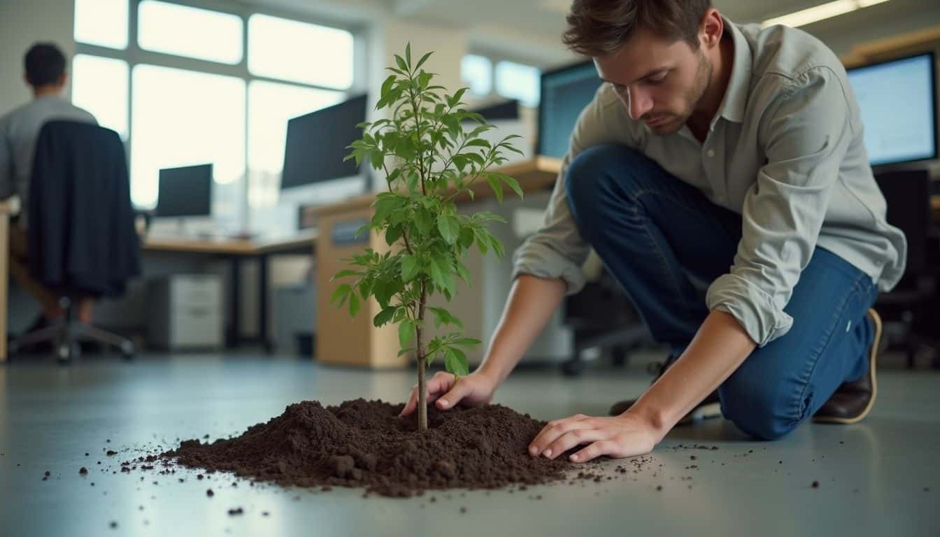 Person placing a small sapling in soil near an office window, symbolizing growth. Person placing a small sapling in soil near an office window, symbolizing growth.