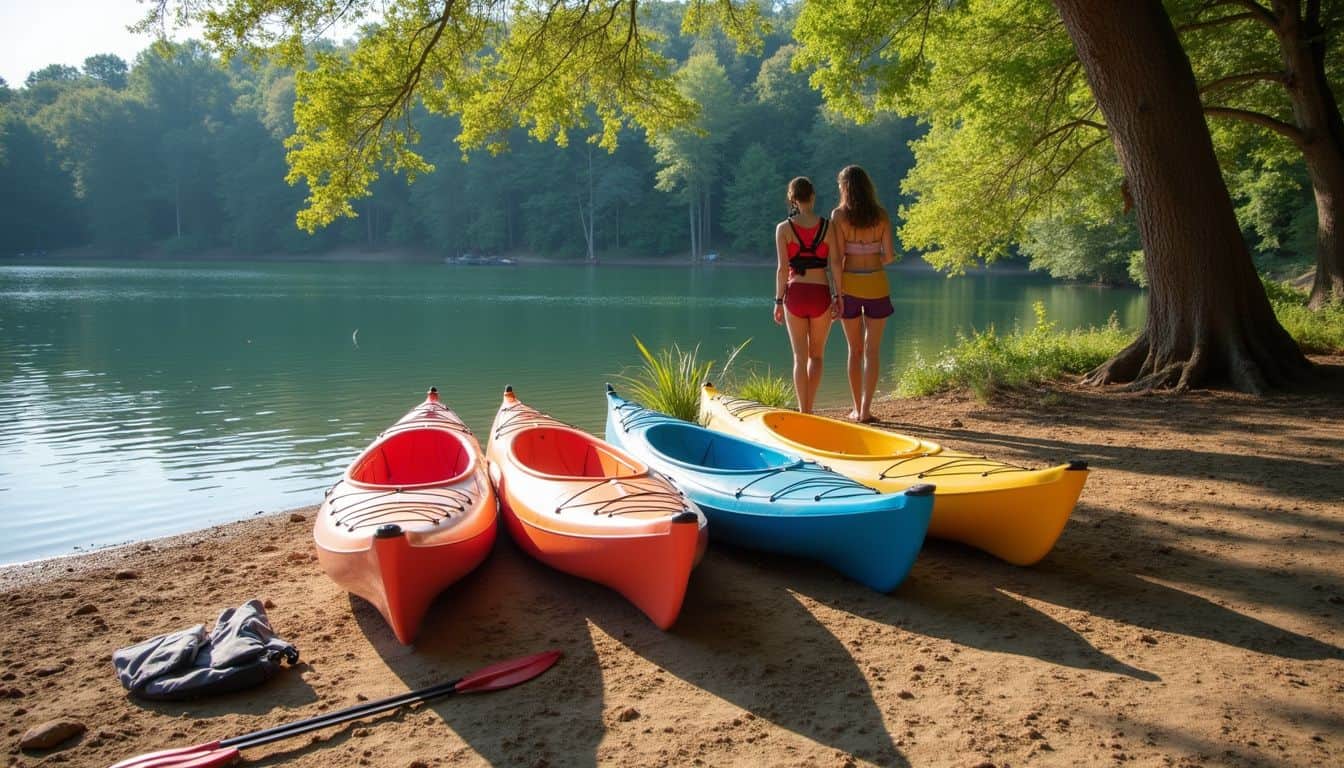 Colorful kayaks resting by a calm lake as people prepare for a group paddle. Colorful kayaks resting by a calm lake as people prepare for a group paddle.