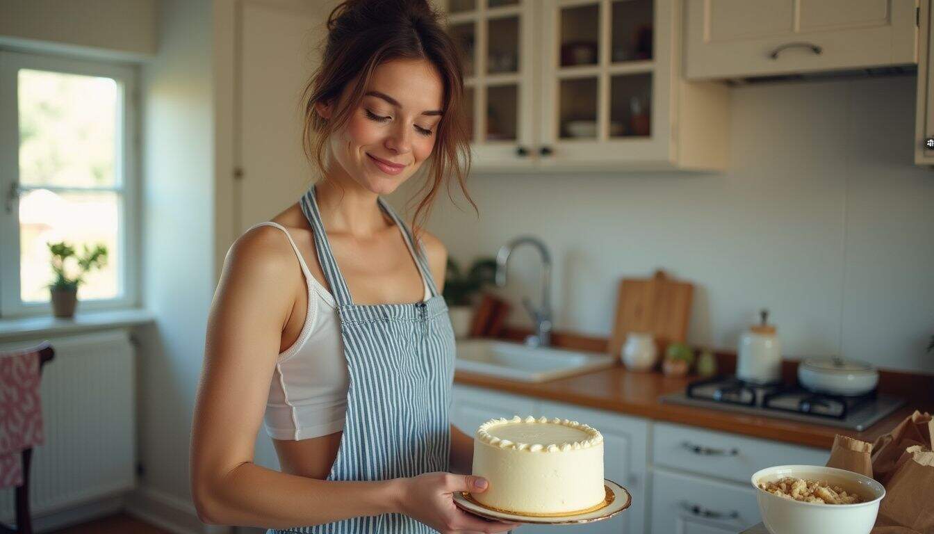Woman baking a vanilla cake in a cozy kitchen, smiling at a small win. Woman baking a vanilla cake in a cozy kitchen, smiling at a small win.