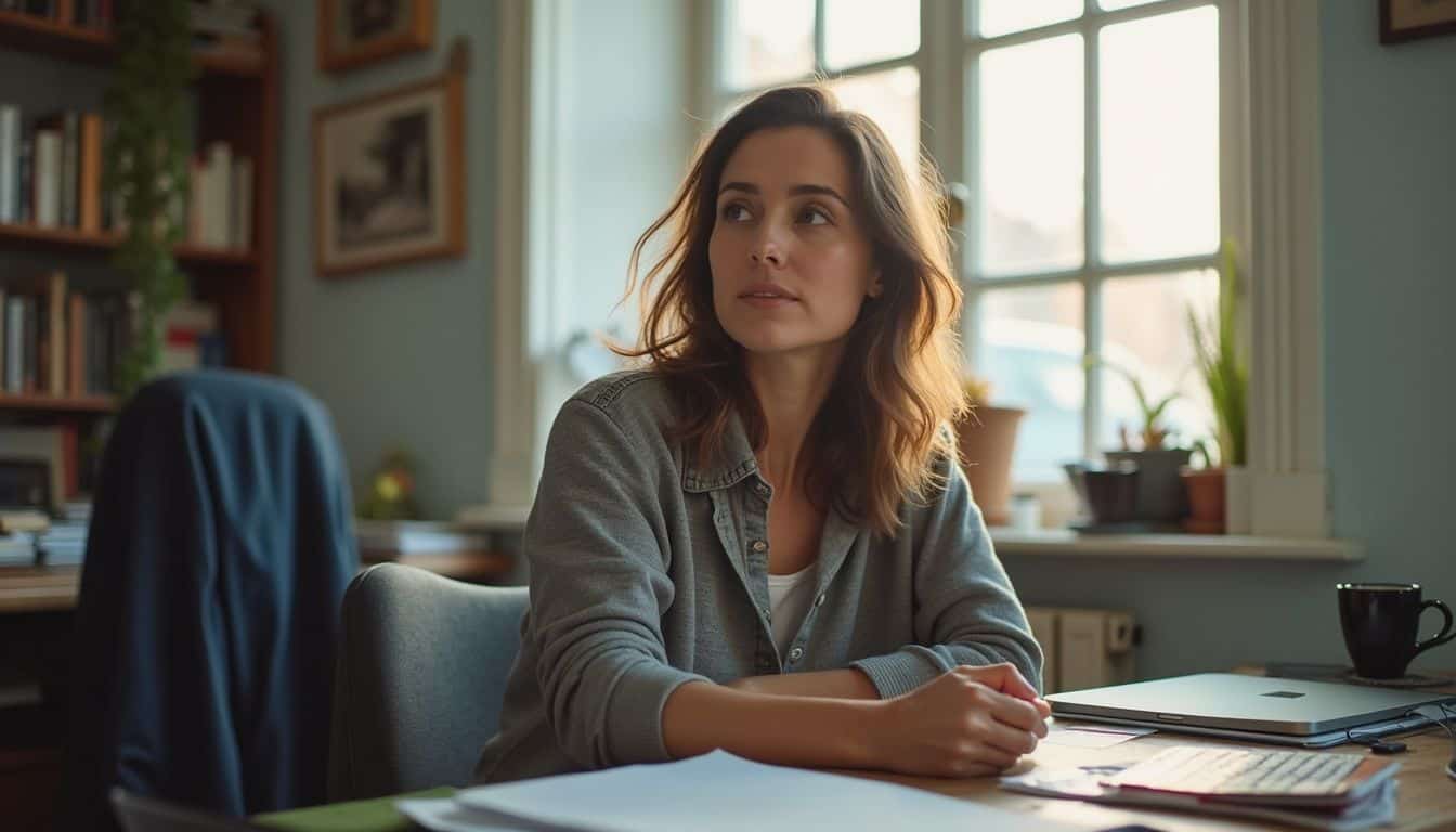 Woman at a small home workspace, thinking about reader engagement.
