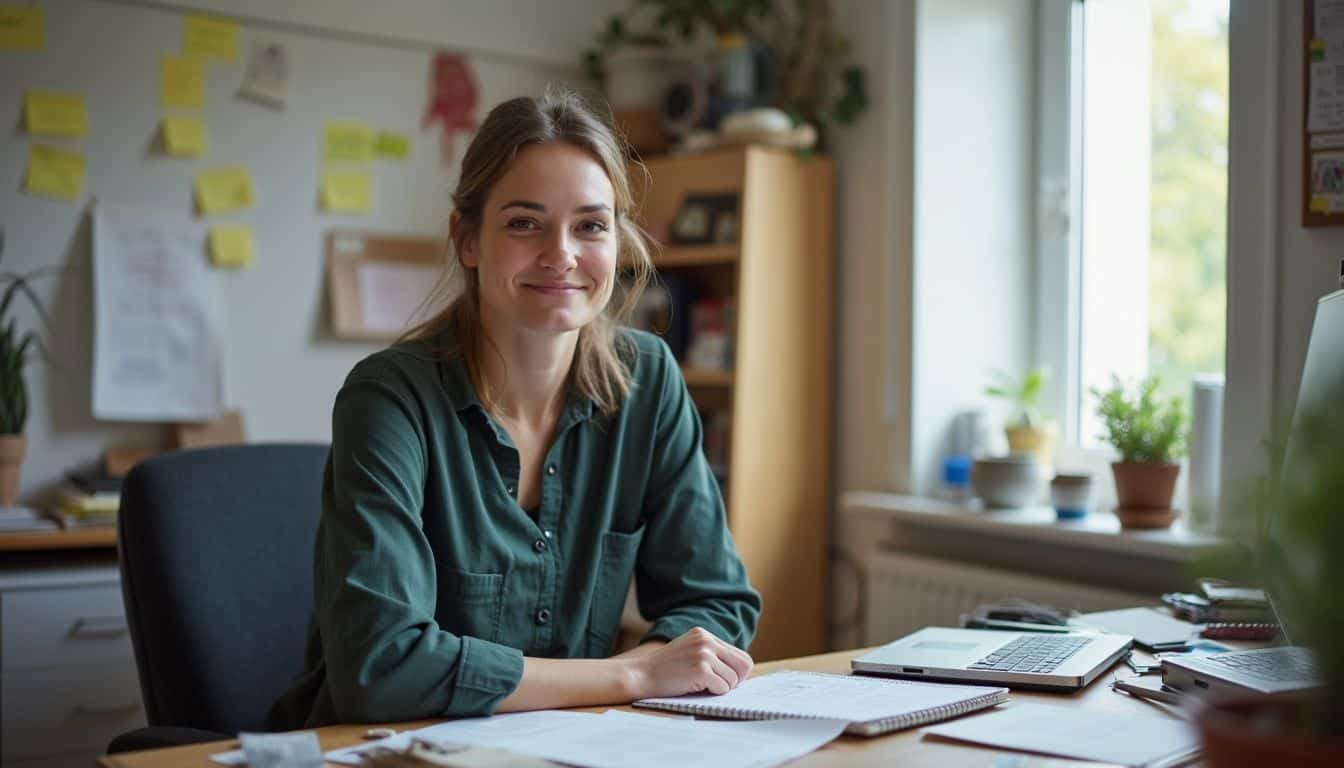 Woman at a home desk surrounded by notes while planning content topics.
