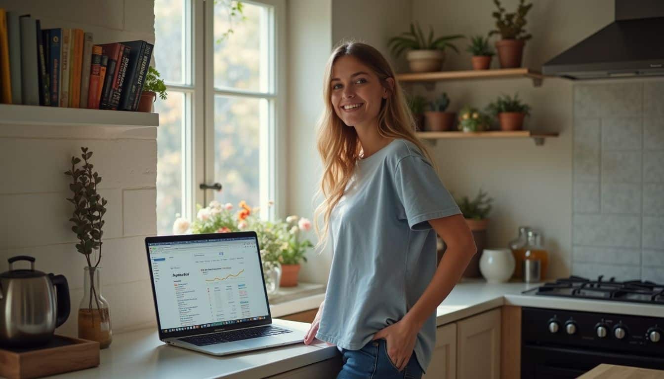 Kitchen table with a laptop showing Google Trends and everyday kitchen items.