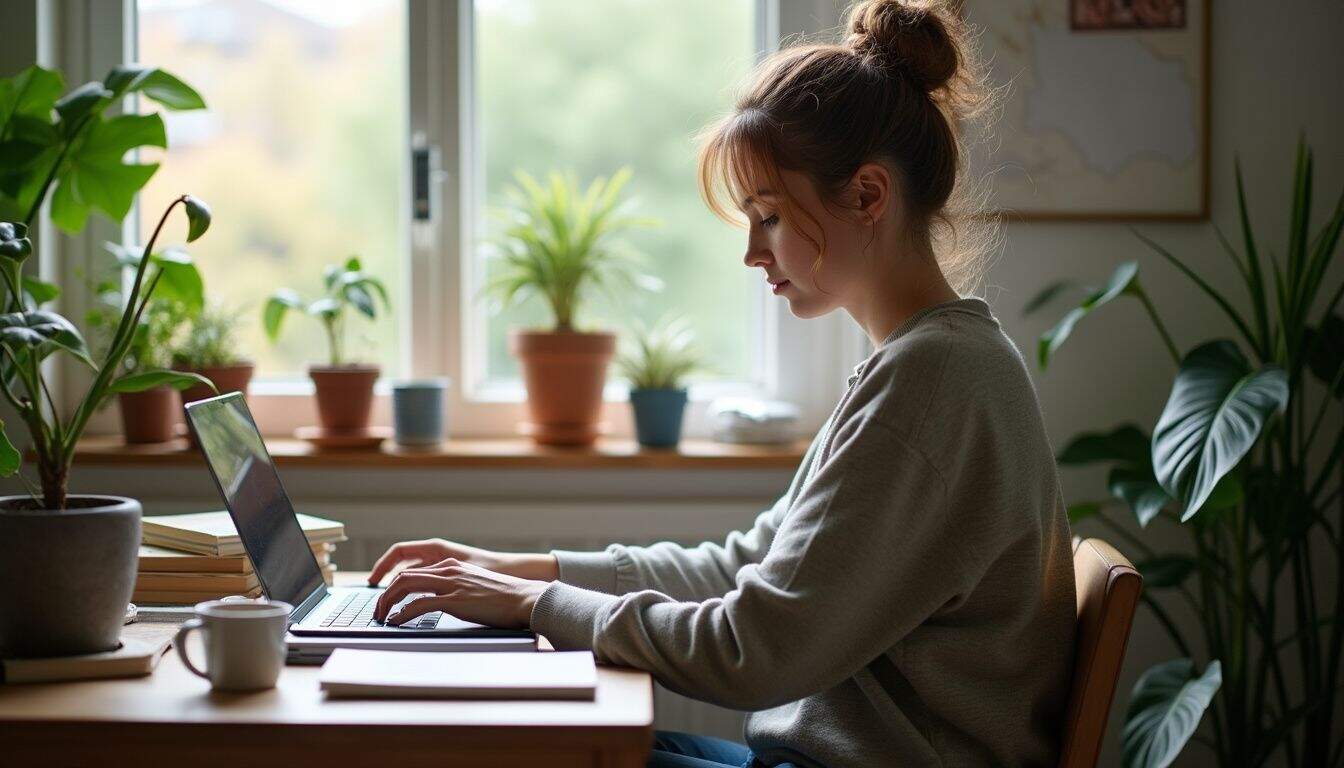 Woman working at a home desk with plants and books around her.