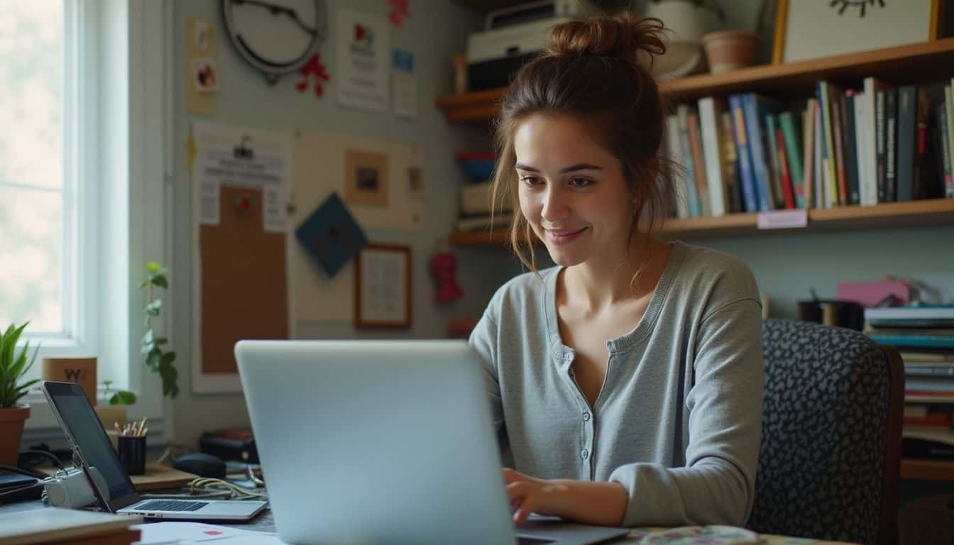 Woman at a laptop in a small home office, focused on site speed.