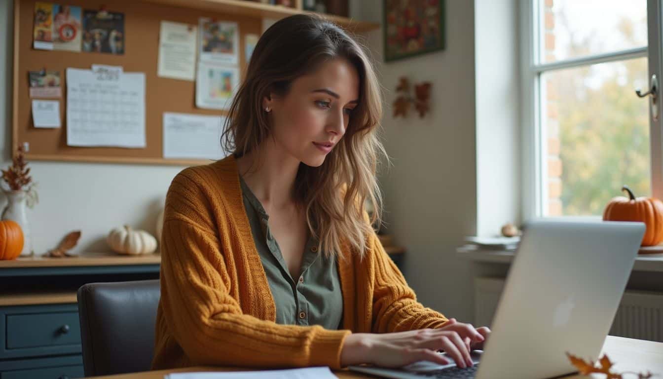 Cozy home office with autumn decor while a woman works on a laptop.