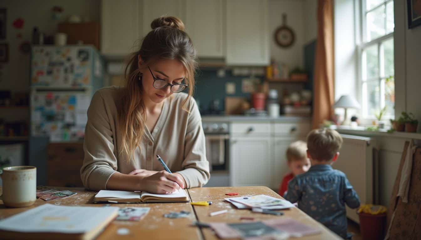 Woman writing in a journal at a kitchen table while a toddler plays.