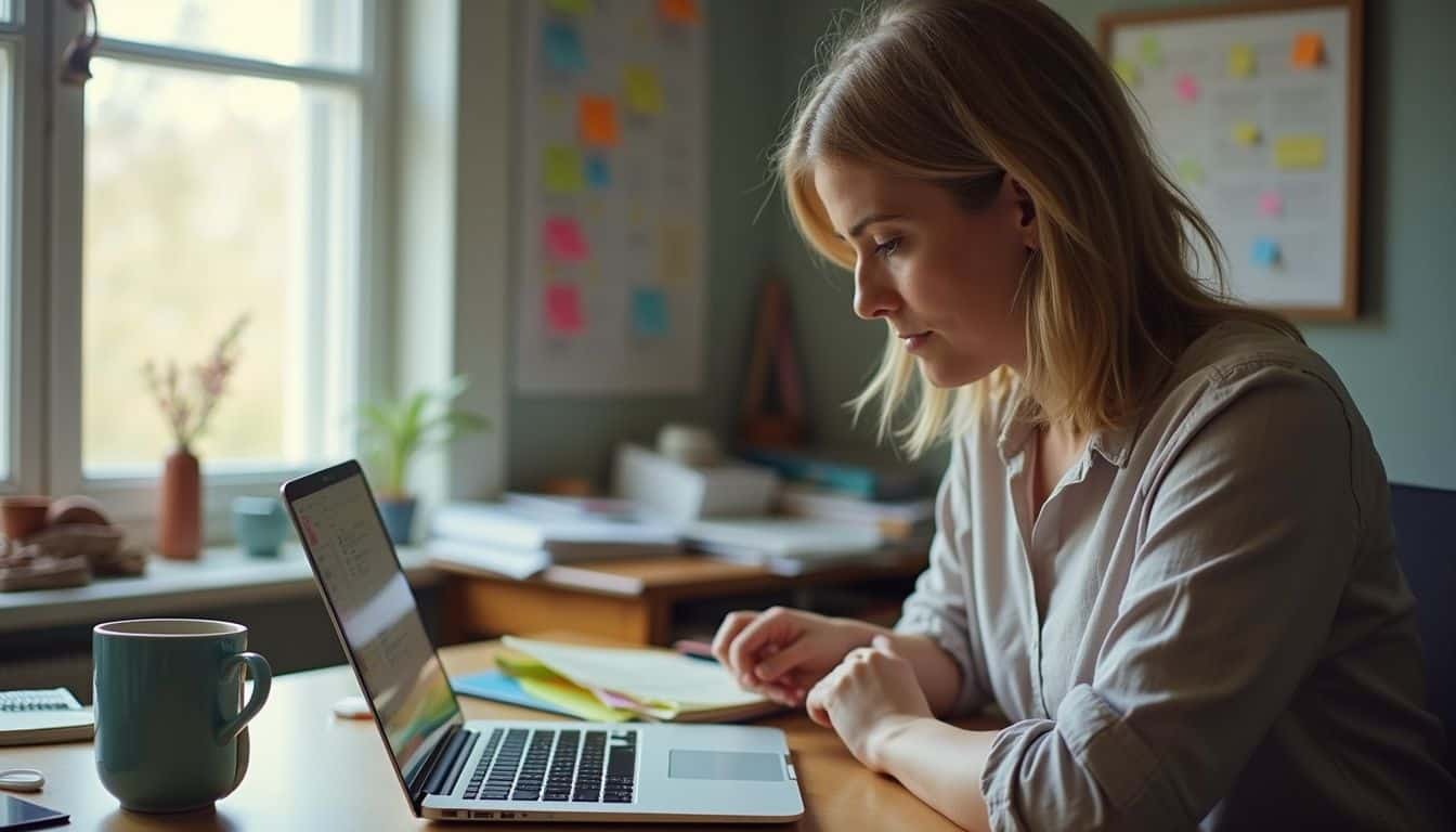 Woman at a desk with sticky notes and coffee, planning a calendar.
