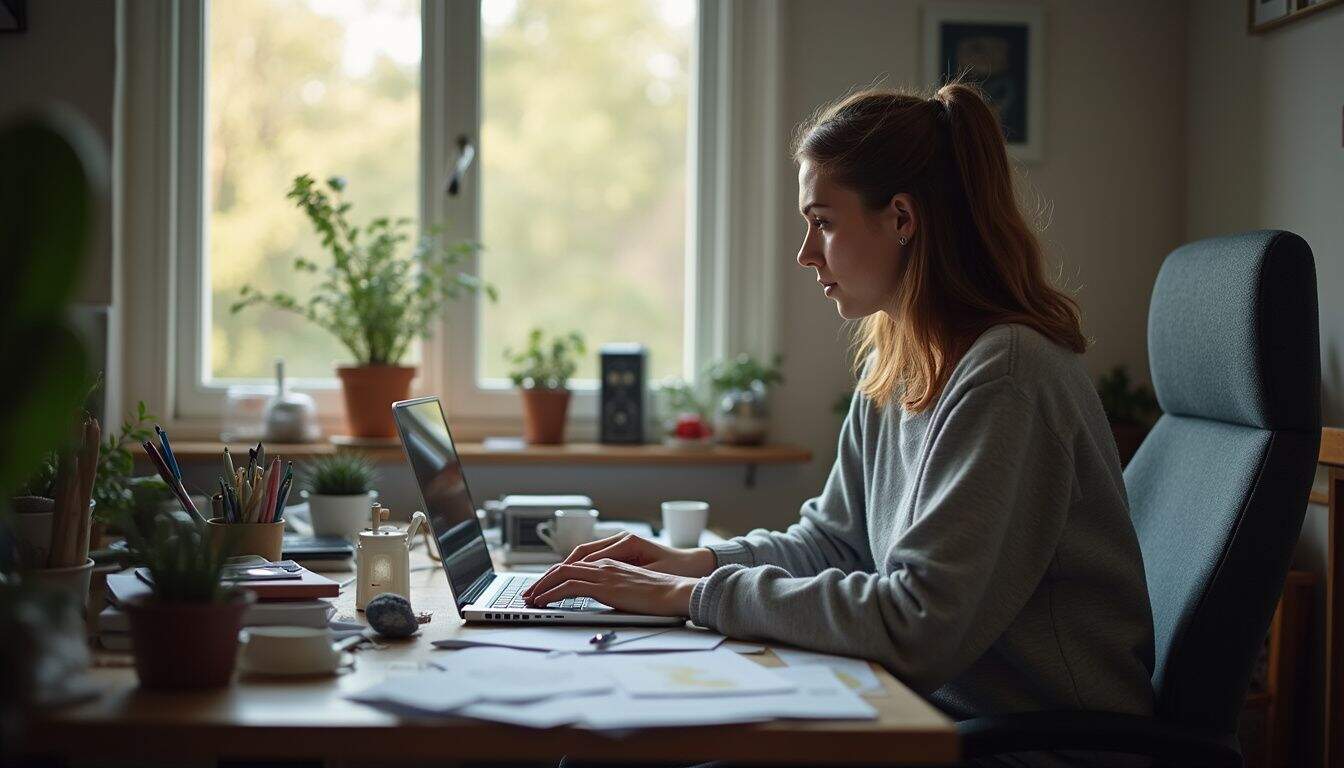 Woman focused on her laptop with papers spread out.