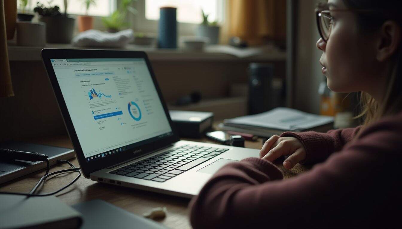 Old laptop shows Google Trends and Facebook posts in a casual room.
