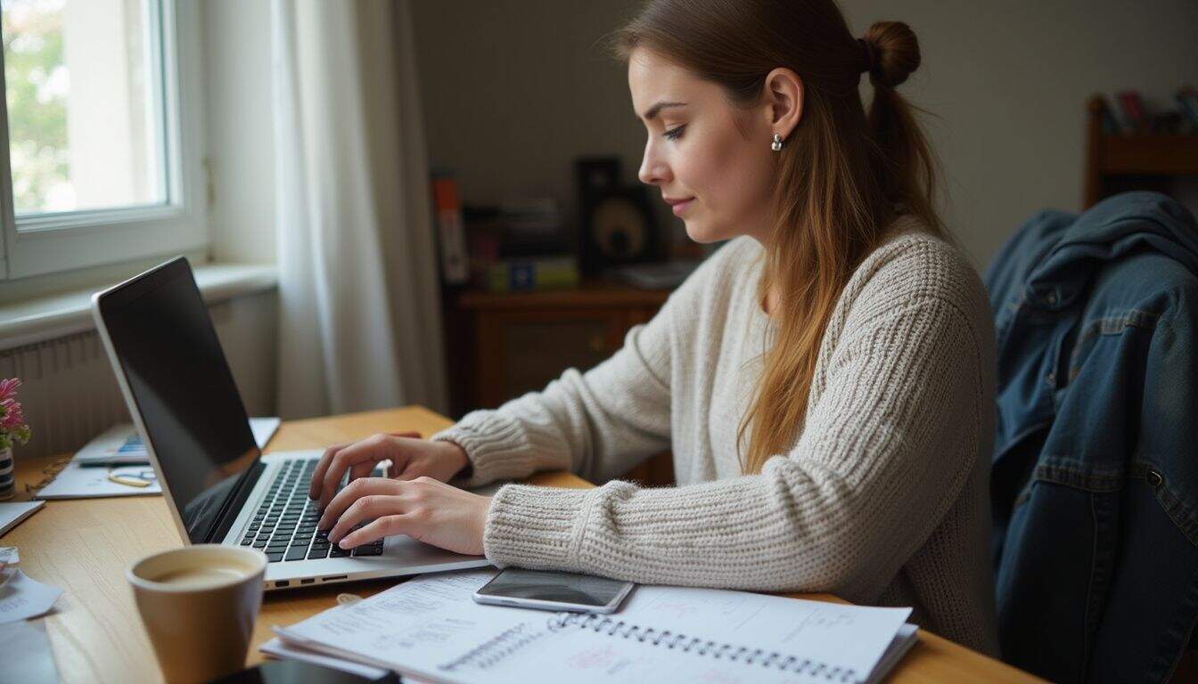 Woman at a laptop working on her mom blog at a busy desk.