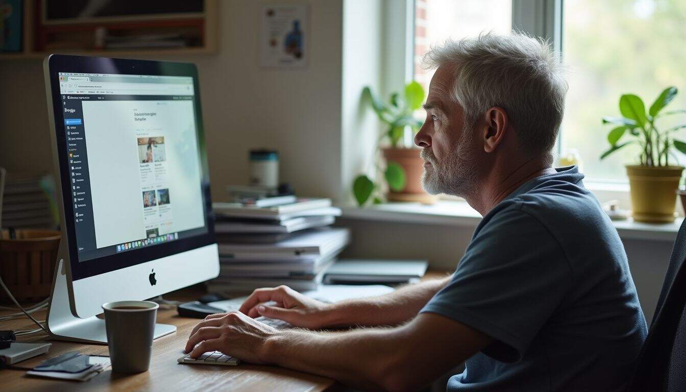 Person at a messy desk reviewing blogging trends on a computer.