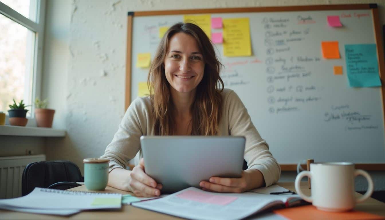 Woman at a desk with notes and a laptop, planning promotions.